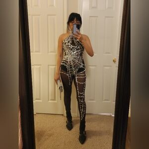 Sold! Siesen Cutout Cobweb Rhinestone Mesh Jumpsuit In Black